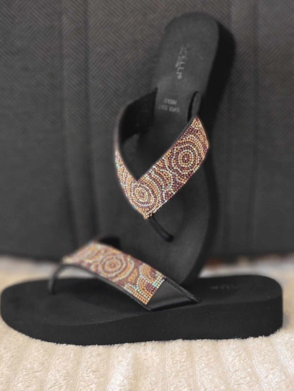 Women's Black Beaded Platform Flip Flop Sandals